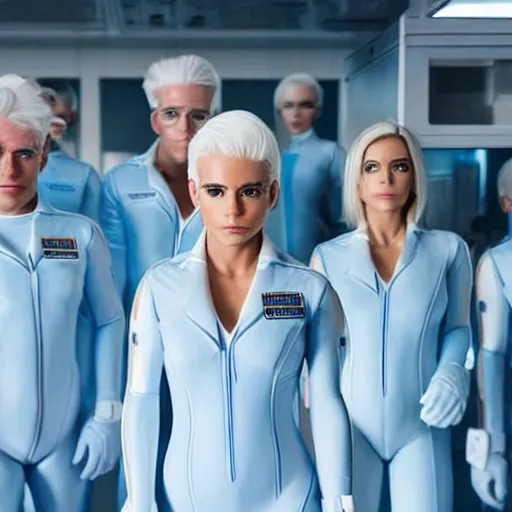 Image similar to troop of athletic humans with white hair wearing tight light blue latex suits, in formation, futuristic chemistry lab, sci - fi, highly detailed, hyperrealistic