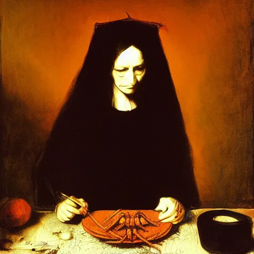 Prompt: morticia addams eating a spider, rembrandt,