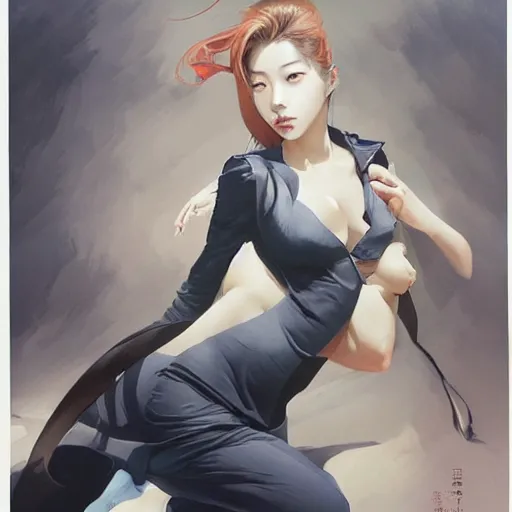 Prompt: Lee Jin-Eun by Jesper Ejsing, rule of thirds, seductive look, beautiful,