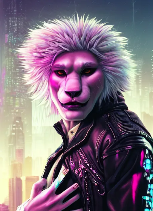 Image similar to aesthetic portrait commission of a of a male fully furry muscular anthro albino lion with a tail and a beautiful attractive hyperdetailed face wearing stylish and creative unkempt black and pink cyberpunk 2077 clothes in a sci-fi dystopian city at golden hour while it storms in the background. Character design by charlie bowater, ross tran, artgerm, and makoto shinkai, detailed, inked, western comic book art, 2021 award winning painting