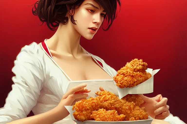 Image similar to kfc chicken, portrait, elegant, intricate, digital painting, artstation, concept art, smooth, sharp focus, illustration, art by artgerm and greg rutkowski and alphonse mucha