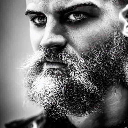 Image similar to bust portrait of handsome proud man with short black hair with a touch of grey hair, viking very short full beard warrior, cyberpunk, fashion editorial photography, waist up, low angle