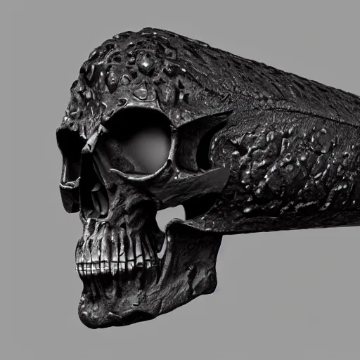 Image similar to a black sword skull, ornament, on a gray background, a 3 d render by dom qwek, studio lighting, raytracing, trending on polycount, futurism, hard surface modeling, rendered in maya, 3 ss max, blender, artstation hd