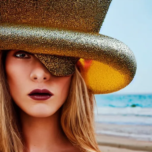 Image similar to close up of a female fashion model in year 3000 at beach, model wearing a huge surreal Avant-garde helmet in gold, photography , official Versace editorial , highly detailed