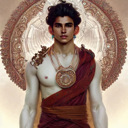 Prompt: beautiful and majestic Peruvian male god wearing a white perizoma, intricate, elegant, highly detailed, digital painting, artstation, concept art, smooth art, sharp focus, illustration, art by artgerm and greg rutkowski and alphonse mucha and loish and WLOP