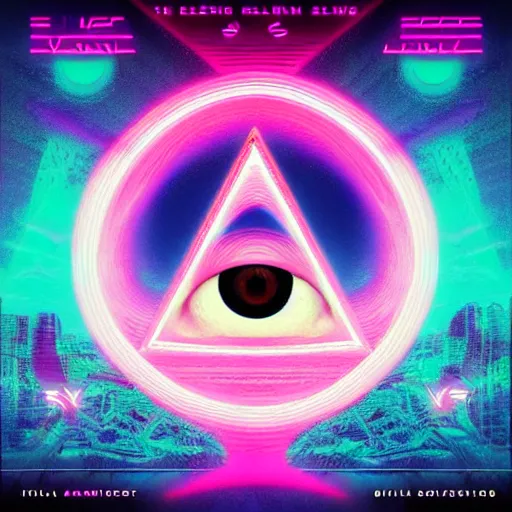 Image similar to the all seeing eye, synthwave album cover