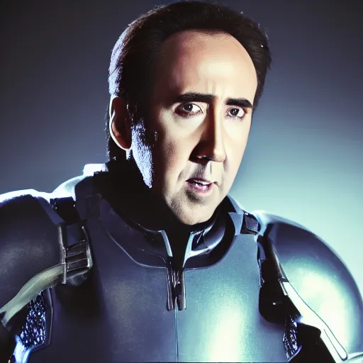 Image similar to Nicolas Cage wearing Powered Combat Suit in Starcraft, promo shoot, studio lighting