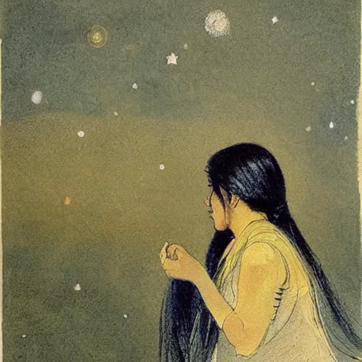 Prompt: Illustration. A beautiful illustration of a young girl with long flowing hair, looking up at the stars. She appears to be dreaming or lost in thought. in India by Sir James Guthrie riotous