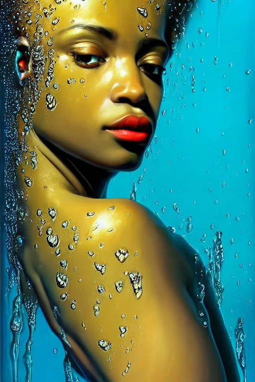 Image similar to hyperrealistic precisionist cinematic profile very expressive! oshun goddess, in water! john everett millais, mirror dripping droplet!, gold flowers, highly detailed face, digital art masterpiece, smooth eric zener cam de leon, dramatic pearlescent turquoise light on one side, low angle uhd 8 k, shallow depth of field