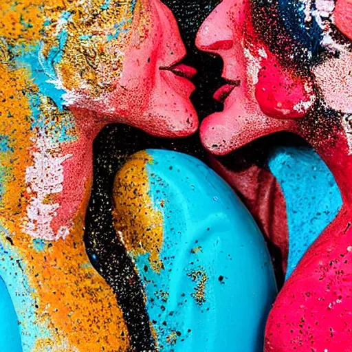 Prompt: close - up of two greek statue women kissing each other, they are covered in splattered acrylic paint