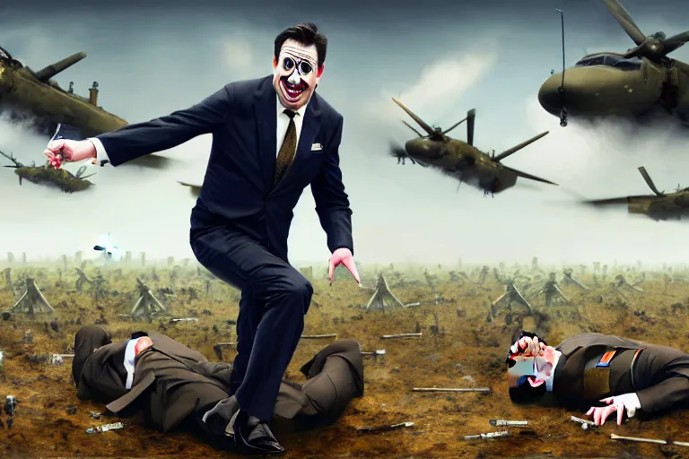 Image similar to one Comedian in suit and tie performing in a battle-field with dead bodies on the ground, detailed face, comedian is funny, performing to dead soldiers, nuclear bomb in far horizon, apocalypse, trending on artstation, artstationHD, hyperdetailed matte painting, highly detailed, digital painting, hyper-realistic, realistic, photo-realistic