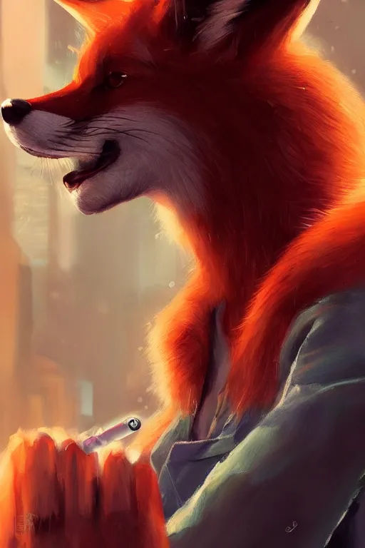 Image similar to beautiful portrait of a tall female anthro fox smoking a cigarette white standing head and shoulders taller than the bustling crowd of a rainy city street, cyberpunk, harsh neon lights, highly detailed, sharp focus, digital painting, illustration, trending on artstation, art by sakimichan, artgerm