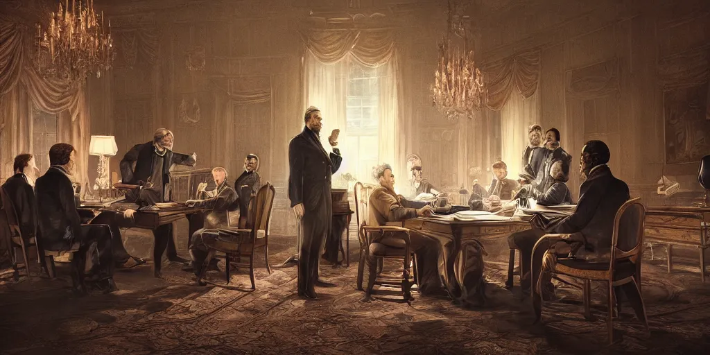 Image similar to five score years ago, a great american, in whose symbolic shadow we stand today, signed the emancipation proclamation. ultrafine colored illustration, intricate linework, sharp focus, octopath traveler, final fantasy, unreal engine highly rendered, global illumination, radiant light, intricate environment