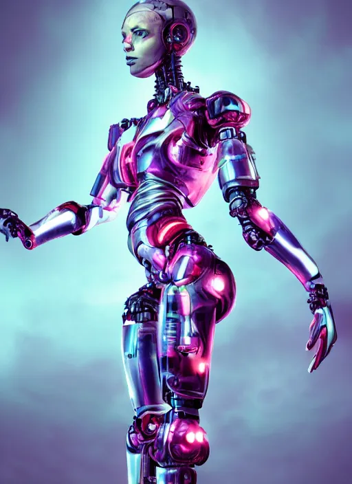 Image similar to photorealistic detailed full body picture of a female cyborg, pretty face with arms and legs and feet and hands, complete body, glamour pose, neon lights, humanoid, extreme, uhdr, book called the most influental cyborg in 2 0 5 0, fine details, highly detailed, intricate, smooth sharp focus, symmetrical features, environmental portrait, realistic render