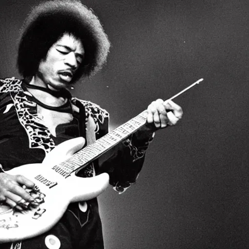 Image similar to Jimi Hendrix playing a hotdog-guitar on stage at the Budokan
