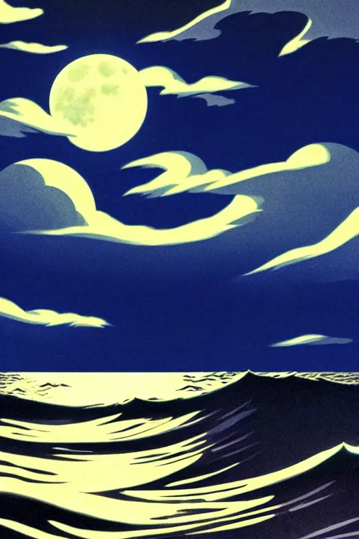 Prompt: full moon clouds ocean waves night only, scenery wallpaper aesthetic, beautiful, cinematic, dramatic, super detailed and intricate, hyper realistic, 4 k render, by darwyn cooke, by kentaro miura, by koson ohara, by hasui kawase, by wayne thiebaud