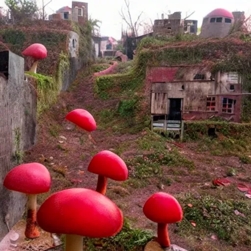 Image similar to beautiful dystopian deserted overgrown city anthropomorphic red mushroom tiny village