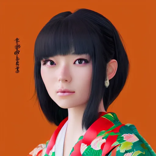 Image similar to centered portrait of a 3D beautiful Japanese girl in kimono, hyperdetailed, digital painting, trending on Artstation, cel-shading style, CG society, hyperdetailed, digital painting, hypermaximalist, golden ratio, volumetric, octane render, weta digital, micro details, 3d sculpture