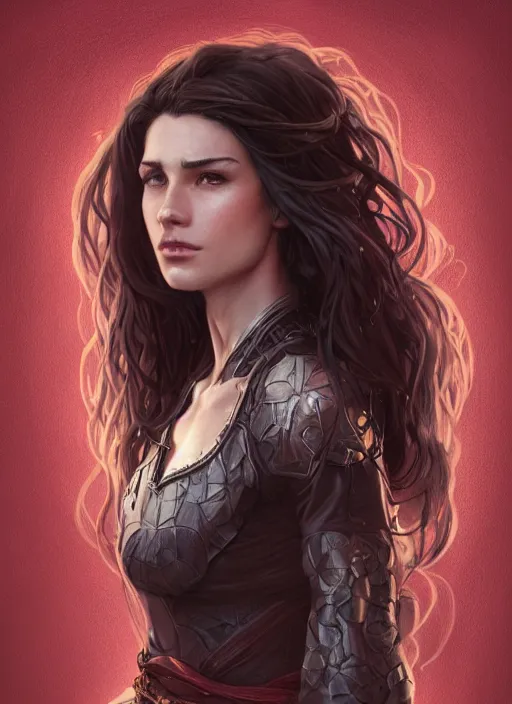 Image similar to vertical portrait of a ruggedly handsome female cleric, soft hair, close - up face, leather, witchy, d & d, fantasy, intricate, elegant, highly detailed, digital painting, artstation, concept art, smooth, sharp focus, illustration, art by artgerm and greg rutkowski and alphonse mucha, plain red background