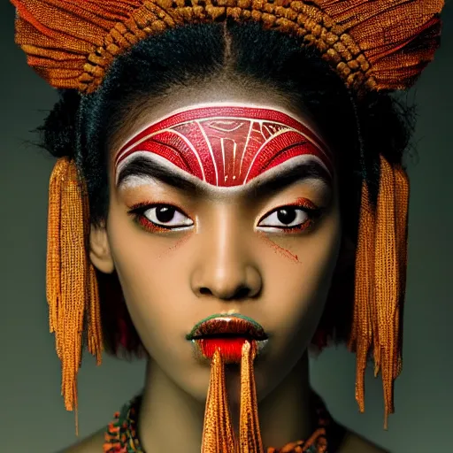 Image similar to A beautiful artistic portrait by Zhang Jingna, african tribal makeup, beautiful lighting, fashion photography