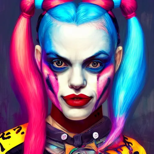 Image similar to Portrait of Harley Quinn but she's a beautiful ape-girl with long pony tails on either side of her head, illustration, by James Jean, artgerm, octane render, by John Coltrane and Marc Simonetti, Manic, graffiti background, kinemacolor, colorful, high detail of the face, full body