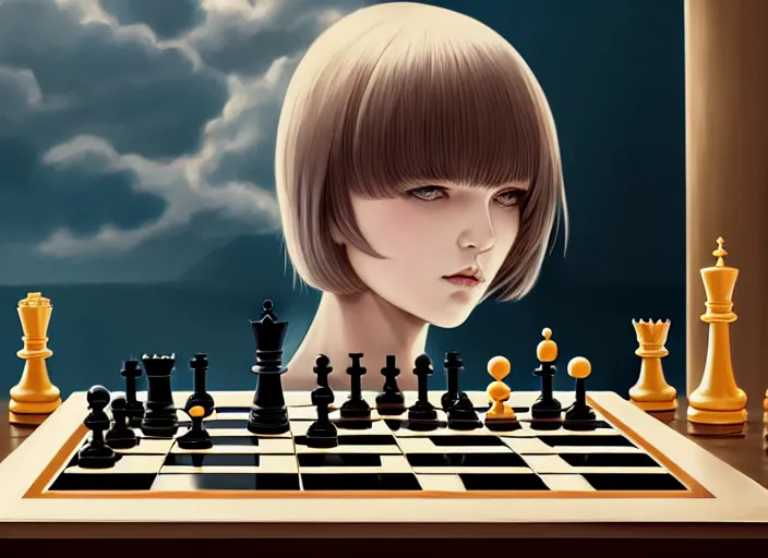 Image similar to a pale ilya kuvshinov playing chess, with gold eyes, straight hair, sky blue hair, long bangs, high collar, concept art, award winning photography, digital painting, cinematic, by wlop, anime key visual, wlop, 8 k, by ross tran, tom bagshaw, andy warhol