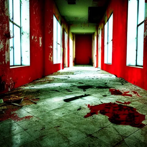 Image similar to lomo photo of ghost in abandoned hospital, red splatters on the wall, yellow floor, washed colors, dark, moody, creepy, foggy