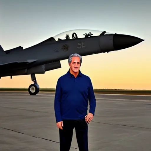 Image similar to aesthetic illustration of jeffrey epstein, wearing a dark blue polo shirt, standing near fighter jet on an empty runway at dusk, cinematic lighting, high detail, volumetric lights, pinterest wallpaper