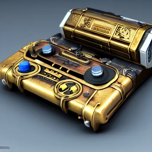 Prompt: steampunk super nintendo console with hand controls, Insanely detailed, clean photorealistic realistic, hyper-realistic, super detailed, unreal engine, render, 8K, hd wallpaper