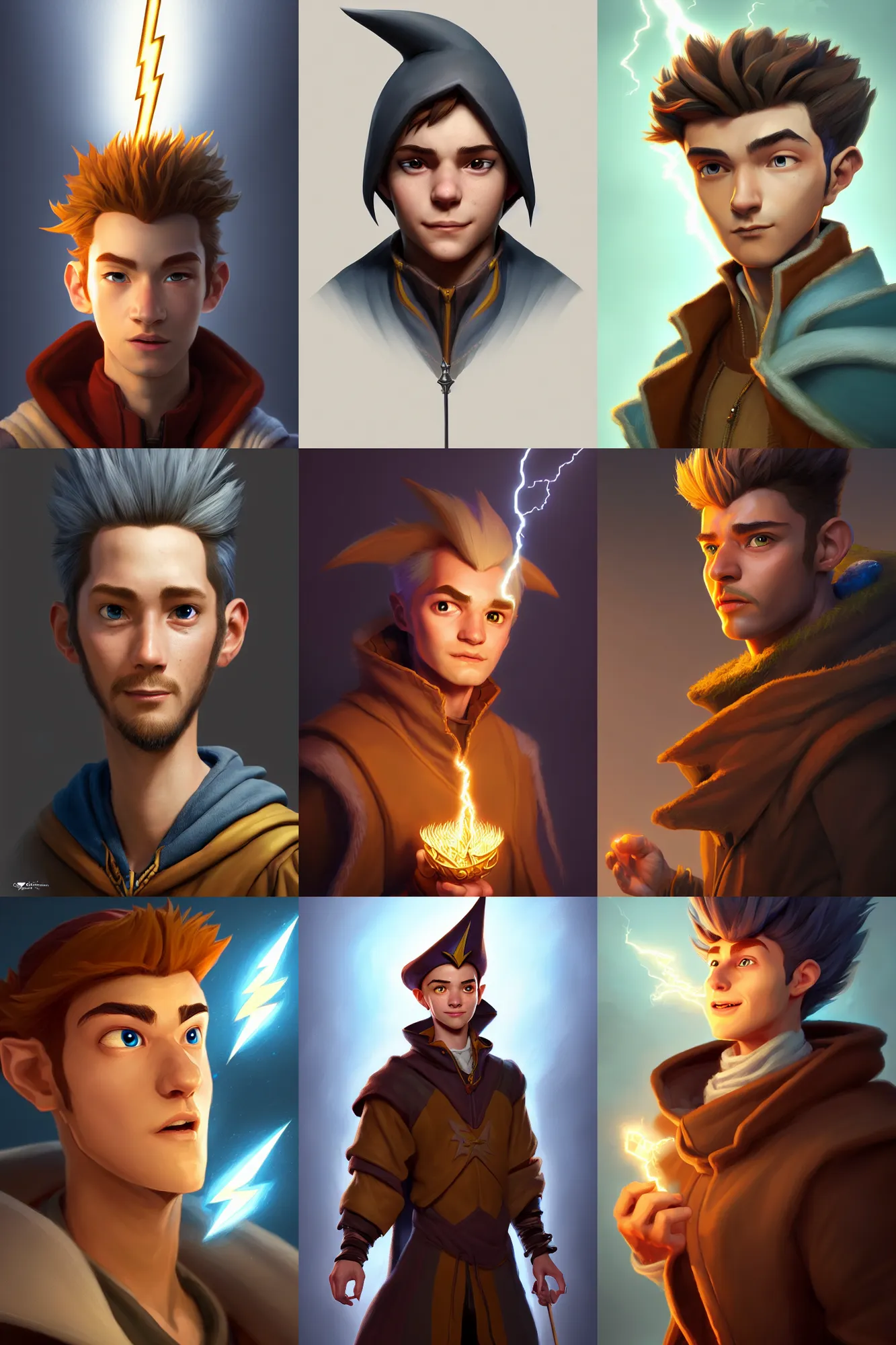 Prompt: a game art portrait of a handsome young male wizard of the Lightning element by Cory Loftis, Craig Kellman, Bill Schwab and Matt Nolte, hyperrealism, very detailed, Vray, Rembrandt lighting, artstation, Deviantart, fantasy art, rpg portrait