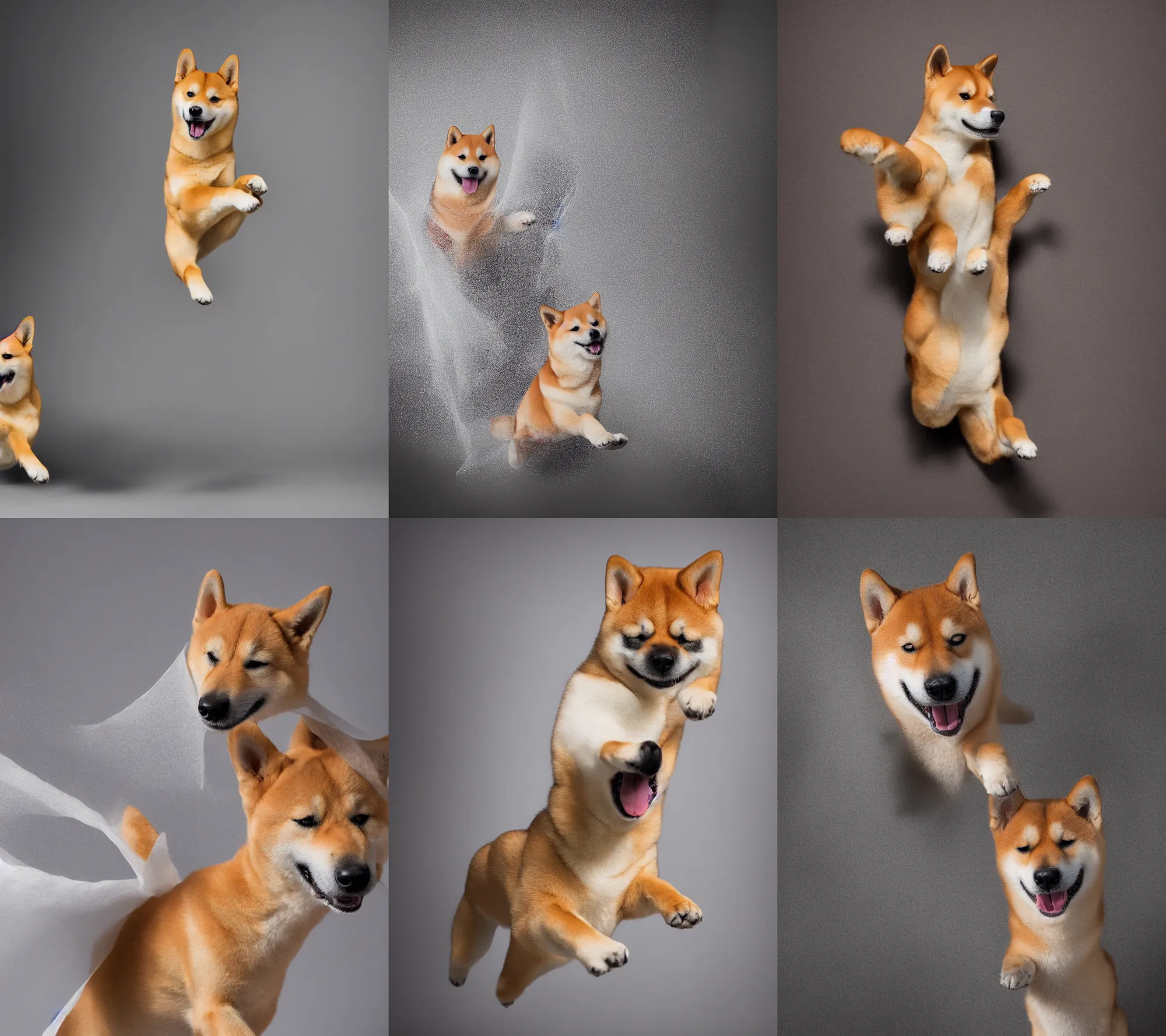 Prompt: Photograph of a Shiba Inu dog breaking through a fabric, studio lighting