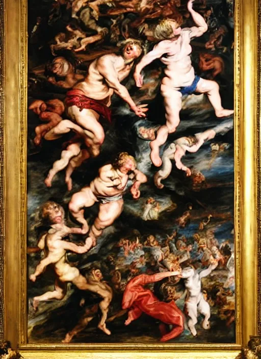 Prompt: people falling adventure playground, oil on canvas by peter paul rubens. style fall of the damned by peter paul rubens