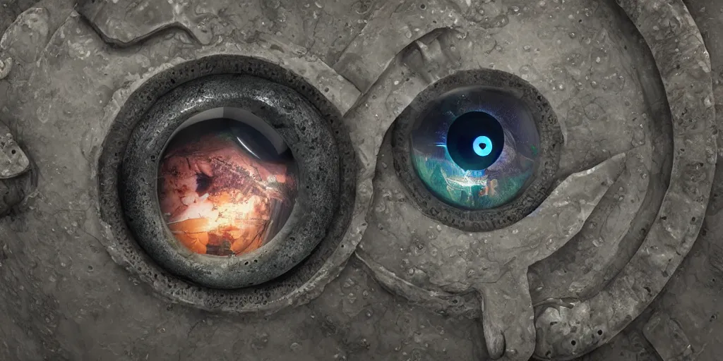 Image similar to highly detailed a submarine that slowly disappears underwater while a huge eye looks at it from above, this eye looks like a monster and lights up, 4 k, photorealistic, unreal 5