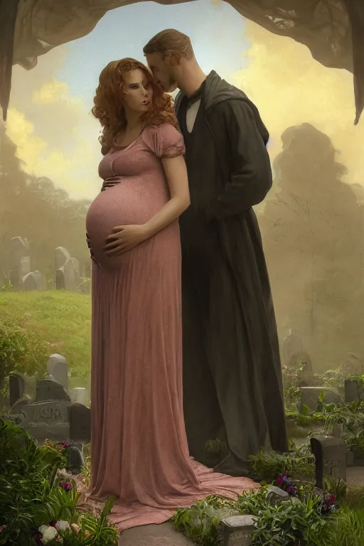 Image similar to a portrait of a pregnant widow next to her husband's grave, illustration, dramatic lighting, soft details, painting oil on canvas, art deco, octane render, HDR, 4k, 8k, HD, by Edmund Blair Leighton, Brom, Charlie Bowater, trending on artstation, faces by Tom Bagshaw, Sargent