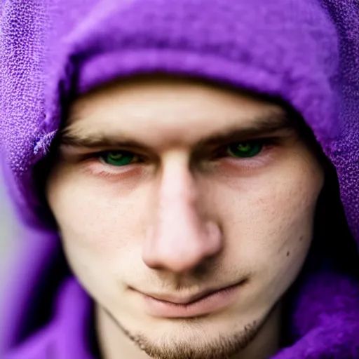 Image similar to close up of face of a 1 8 year old man, with white hair, green eyes, wearing a purple hoodie, lazy, 8 5 mm f / 1. 4