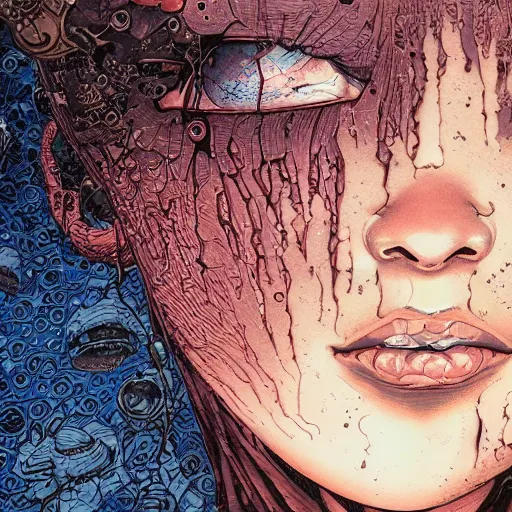 Image similar to closeup of face melting in agony, inside a frame on a tiled wall, frontal picture, by yoichi hatakenaka, masamune shirow, josan gonzales and dan mumford, ayami kojima, takato yamamoto, karol bak