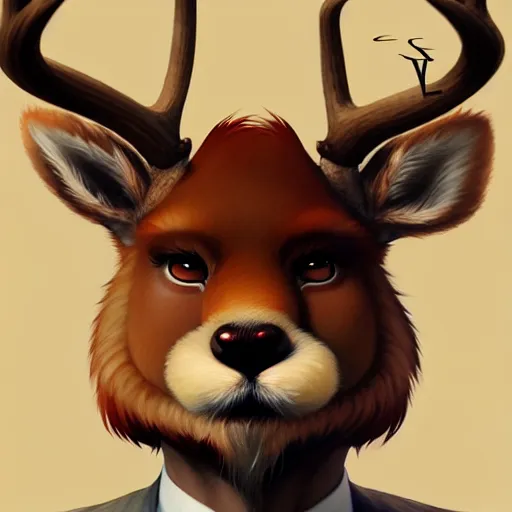 Image similar to character design portrait of a stupid chinese anthropomorphic furry deer man with deer ears, short brown hair, wearing a suits, looking at the camera, 4 k, concept art, by wlop, wenjun lin, watercolor, ilya kuvshinov, artgerm, krenz cushart, pixiv.