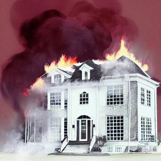 Prompt: “White mansion engulfed in flames, digital art.”