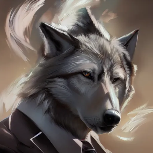 Prompt: wolf in suit, holding brush, anime, artgerm, wlop, artstation, detalied, high quality,