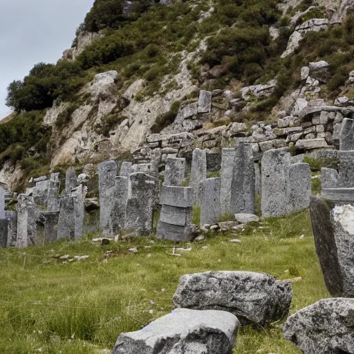 Prompt: A movie still of a rocky hillside in Italy with ancient stone obelisks leading up the hill to a large stone intricately detailed ancient temple. There are faded tattered blue flags hanging from the temple. Walking up the hill is a man in a quilted gambenson with a sword. Wide shot, sunny cloudy day, dappled lighting