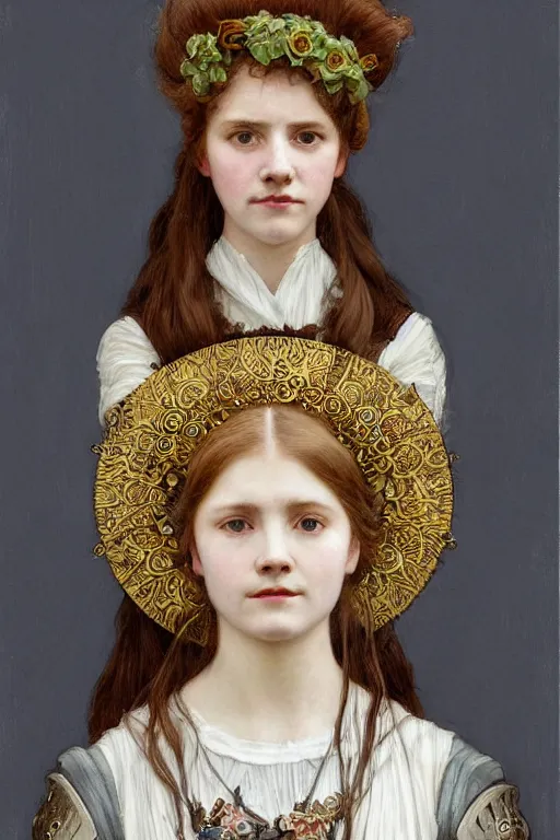 Image similar to a head and torso art nouveau portrait of a 16-year old sun goddess who resembles Anne of Green Gables with a worried, intense gaze and slightly opened mouth, ornate intricate mother-of-pearl battle armor, intricate, elegant, highly detailed, digital painting, artstation, concept art, smooth, sharp focus, illustration, art by John William Waterhouse and Bouguereau and Donato Giancola and alphonse mucha