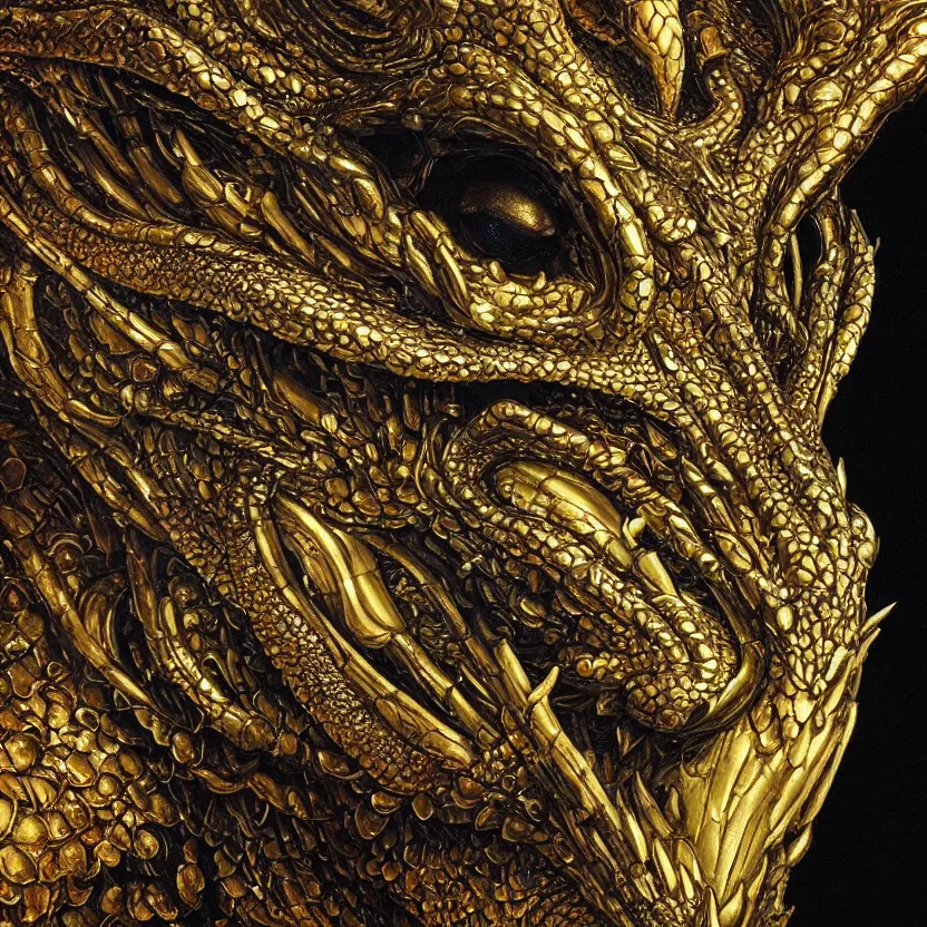 Prompt: a baroque neoclassicist close - up portrait of a metallic dragon, gazing intensely. reflective steel detailed textures. glowing colorful fog, dark black background. highly detailed fantasy science fiction painting by moebius, norman rockwell, frank frazetta, and syd mead. rich colors, high contrast. artstation