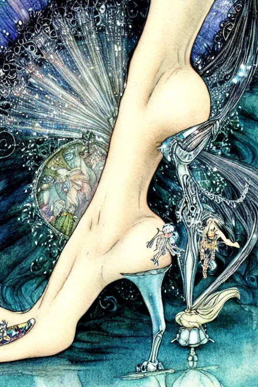 Prompt: closeup foot shot of cinderella crystal slipper, fantasy art, trending on artstation, sleeping beauty fairytale, art by luis royo and walter crane and kay nielsen, watercolor illustration,