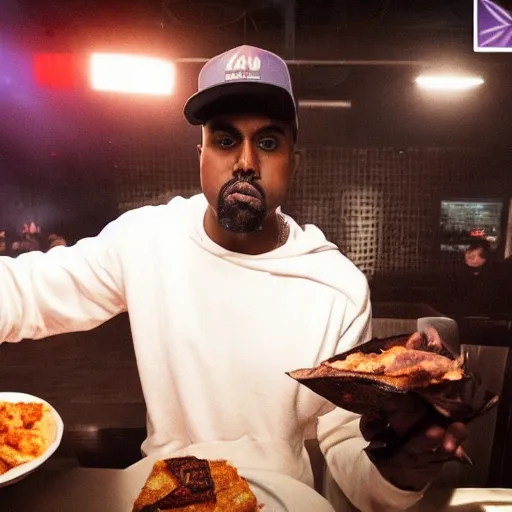 Image similar to blurry, gopro footage of kanye west eating at taco bell, cinematic, volumetric lighting, night, rain