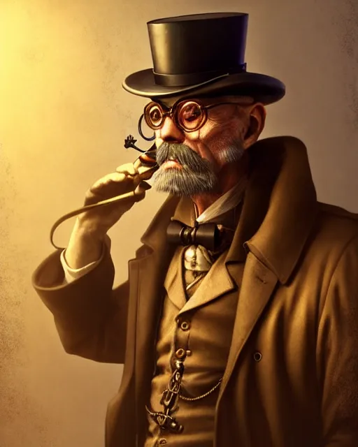 Image similar to steampunk old man portrait, handsome, steampunk hat, detective coat, steampunk monocle, hyper realistic 3 d render by ilya kuvshinov, peter mohrbacher, greg rutkowski, ryohei hase, dramatic lighting, intricate, highly detailed, sharp focus, luminous, unreal engine, blender, deviant art, masterpiece, ray tracing