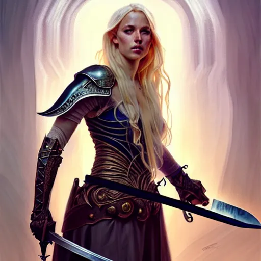 Image similar to A epic fantasy portrait of a blond woman, holding a sword, castle setting, horror movie lightning, intricate, elegant, highly detailed, digital painting, artstation, concept art, matte, sharp focus, illustration, art by Artgerm and Greg Rutkowski and Alphonse Mucha