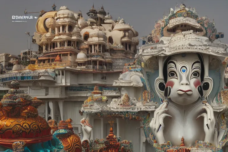 Image similar to high quality dreamscape! biomorphic new delhi, hanuman!! head building, kalighat, octane highly detailed cinematic, stephen shore & john j. park, soft morning light, wide shot, high angle, uhd 8 k, deep focus