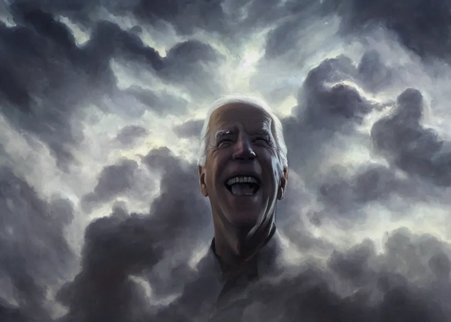 Prompt: large abstract painting of giant Joe Biden grinning evil emperor of the world made out of clouds emerging in dark clouds, cosmic horror, evil, dangerous, trending on ArtStation, masterpiece, by Greg Rutkowski, by Ross Tran, by Fenghua Zhong, octane, lightbeam eyes, soft render, clear facial features, oil on canvas, immense crowd of people, moody lighting, cinematic, professional environment concept art