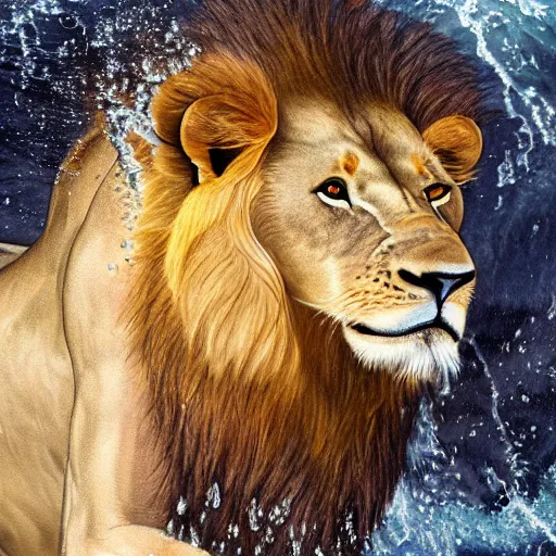 Image similar to a male lion's face breaching through a wall of water, water sprites, splashing, deep blue water color, highly detailed