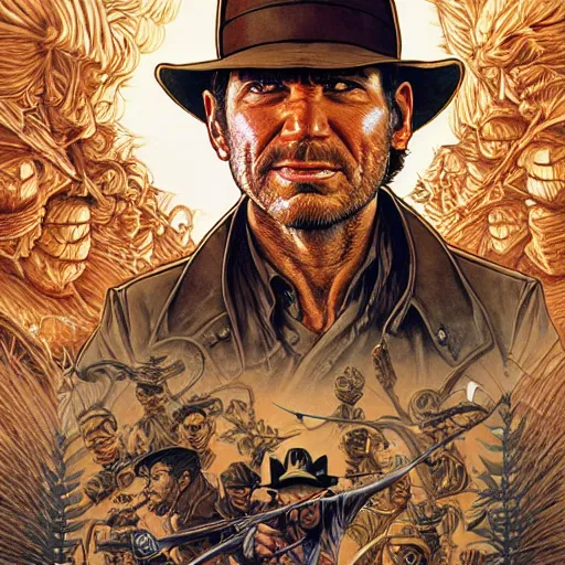 Image similar to portrait of crazy indiana jones, symmetrical, by yoichi hatakenaka, masamune shirow, josan gonzales and dan mumford, ayami kojima, takato yamamoto, barclay shaw, karol bak, yukito kishiro